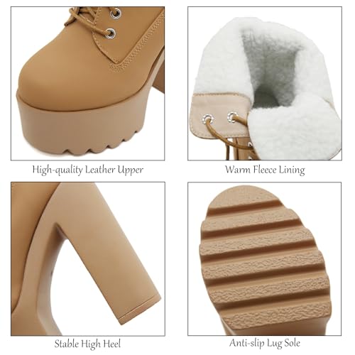 Women's Leather Platform Chunky High Heel Mid Calf Boots Warm Fur Lined Comfortable Round Toe Lug Sole Block Heel Lace Up Combat Boots Winter Fashion Party Increase Boots3