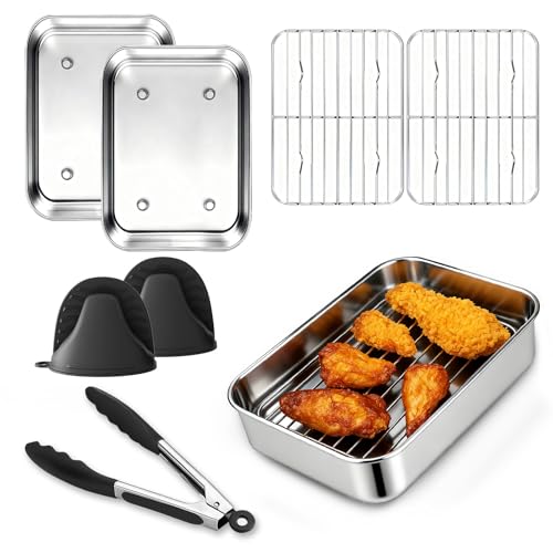 6-tlg. Airfryer Zubehör – Auflaufform Airfryer aus Edelstahl 304, kompatibel mit Ninja AF400EU/AF451EU/AF500EU/DZ400EU – 2× Schale + 2× Grillrost, Zange & Handschuhe, spülmaschinenfest