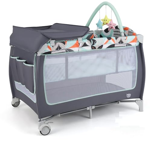 Image of BABY JOY 4 in 1 Pack and Play, Portable Baby Playard with Bassinet, Side Zipper Door, Changing Table, Indoor Outdoor Travel Nursery Center w/Hanging Bar, Lockable Wheels, Carry Bag