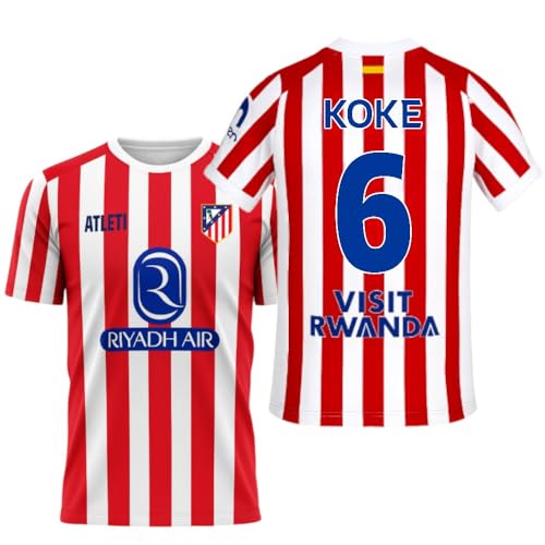 Atletico de Madrid   Camiseta Oficial 25/26 | Koke #6 | Primera Equipación | Rayas Rojas y Blancas Hombre Adulto (FR/ES, Letras, XXL, Regular, Regular)