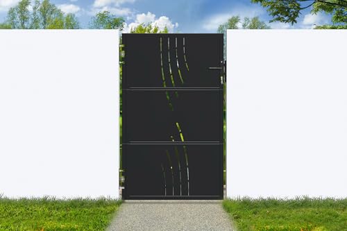 Portillon acier noir mat 100x160 cm NALI VELETA - Motif nature design moderne, acier galvanisé robuste, ouverture intérieure ou extérieure, accessoires inclus, idéal...