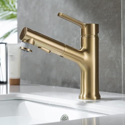 Robinet d'évier extractible doré doté d'un bec rotatif à 360° pour eau chaude et froide