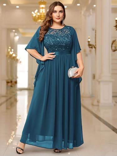 Image of Miusol Women's Plus Size Sequin Lace with Ruffle Cape Cloak Sleeves Elegant Evening Gown Wedding Guest Maxi Dress