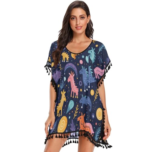 KAAVIYO Cartoon Stars Sheep Horse Women's Beach Cover Up Chiffon Tassel Swimwear Swimsuit Coverups for Girl