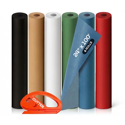 Image of Assorted Colors Kraft Paper with Cutter, Set of 6 Rolls 24 inch x 1200 inch(100 ft)