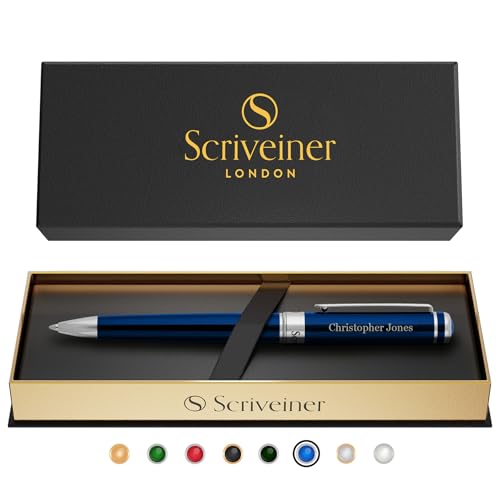 Image of Scriveiner Personalized Midnight Blue Ballpoint Pen - Stunning Blue Lacquer Luxury Pen, Chrome Finish, Schmidt Ink Refill, Best Engraved Ball Point Gift Set for Men & Women, Custom Name Engraving