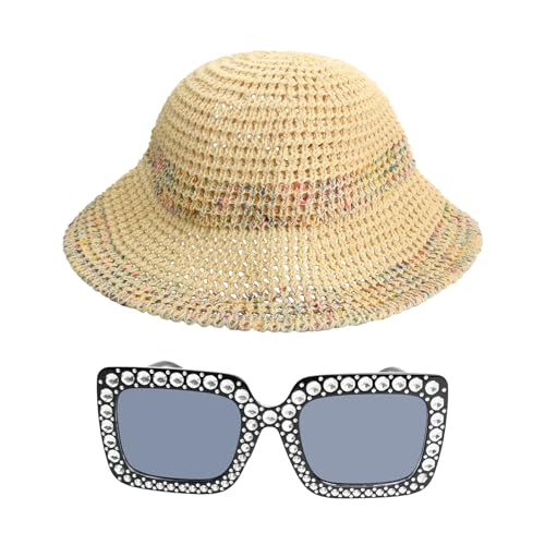 Hoxfly Gorro Paja, 1 Pieza Sombrero de Paja de ala Ancha Ajustable, Sombrero De Playa para Mujer de Verano Plegable, Señora Trenzado Sombreros de Sol Elegante para Niña, Decoración, Viajes (Beige