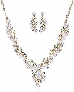 Bridal Crystal Necklace Earrings Set Wedding Pearl Pendant Necklace Floral Bride Jewelry for Women Girls Bridesmaids