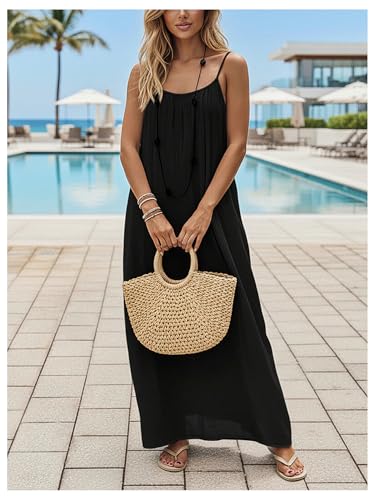 Image of SHENHE Women's Open Back Spaghetti Strap Beach Maxi Dress Loose Flowy Vacation Sundress
