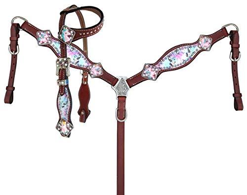 Showman Pony Tie Dye Unicorn Print Leather Headstall & Breast Collar Set! New Horse TACK!