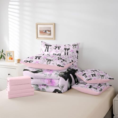 Image of Black Bow Tie Queen Comforter Set with Sheets | Boho Flowers Pink Floral 7 Piece Bedding Set Princess Bow Bed in a Bag, Girly Dreamy Ribbon Bowknot Room Decor,Cute Room Decor Aesthetic Kawaii
