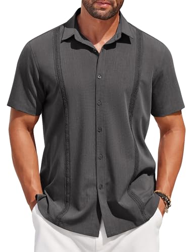 COOFANDY Camisa de Hombre Camisa Casual Manga Corta Camisa Guayabera Camisa de Verano Ajuste Regular Camisa de Playa con Botones Gris Oscuro M