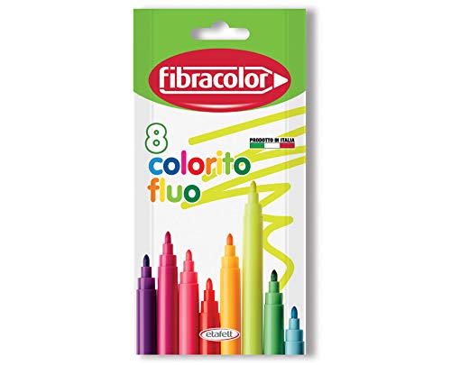 Fibracolor Colorito Fluo Dose mit 32 Filzstiften mit fluoreszierender Tinte, feine Spitze, superwaschbar 8 mehrfarbig