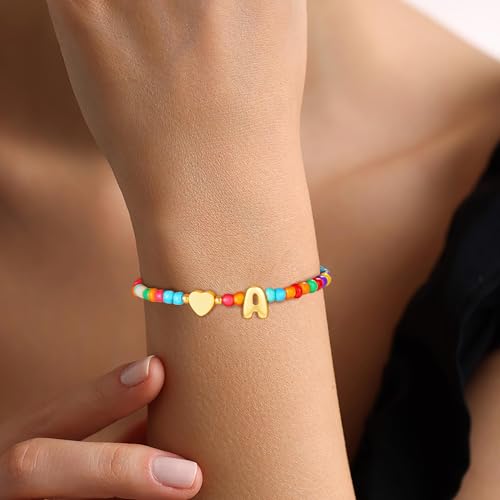 Image of Colorful Initial Bracelets for Women Girls, Cute Beaded Heart Shell Initial Bracelets Teen Gilr Gifts Trendy Stuff Gold Charm Bracelet Gifts for Women