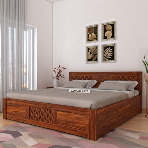 Image of Ganpati Arts Solid Sheesham Wood Queen Size Raj Bed with Box Storage | Wooden Double Bed Cot Palang Fruniture for Bedroom Living Room and Home (Natural Finish) 1 Year Warranty