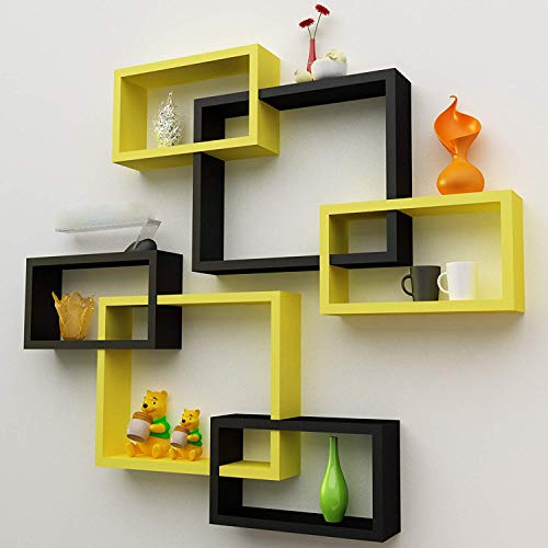 Image of Amaze Shoppee MDF Wall Decoration Intersecting Floating Shelves Set of 6 (Yellow and Black)