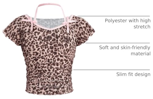 Image of RoseSeek Girl's Leopard Print Bow T Shirt Halter Short Sleeve Fitted Ruched Y2K Tee Tops