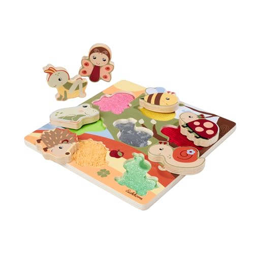 Eichhorn Stoff Fühlpuzzle mit 7 Tieren und unterschiedlichen Textilelementen fördert die Feinmotorik und den Tastsinn 22x22 cm groß 8 teilig aus 100% FSC zertifiziertem Sperrholz ab 1 Jahr