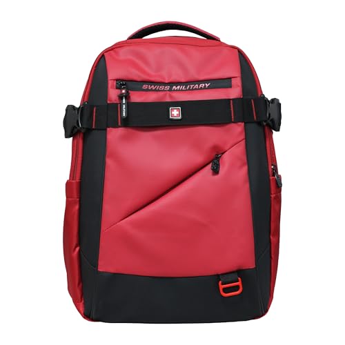 Image of SWISS MILITARY 30L Unisex Laptop Travel Backpack for 15.6-Inch Laptops - with Luggage Strap, Detachable Key Ring, Anti-Theft Pocket, Expandable Bottle Pocket for Office and College Use-Red