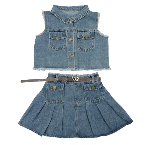 oweve Girl's 2 Piece Cute Outfits Denim Sleeveless Button Front