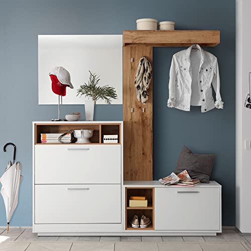 MILANO Kompaktgarderobe in Weiß, Wildeiche Optik - Modernes Flurgarderoben Set mit Spiegel für Ihren Eingangsbereich - 177 x 195 x 32 cm (B/H/T)