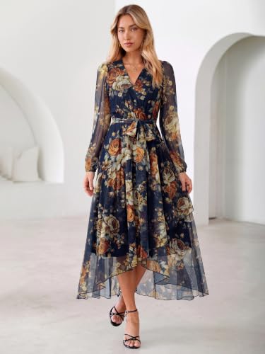 Simplee Women's Floral Long Sleeve Mesh Maxi Dress Fall V Neck Wrap High Low Swing Flowy Wedding Guest Dress Orange Navy L — view 5