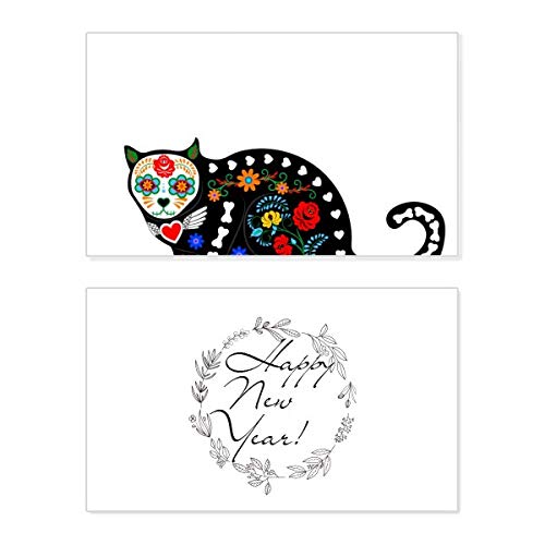 Tarjeta de felicitación de año nuevo con ilustración gótica de gato negro y flores