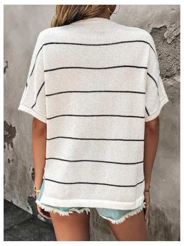 Image of Verdusa Women's Short Sleeve Loose Pullovers Lightweight Striped Knitwear Sweater Top Black and White Large