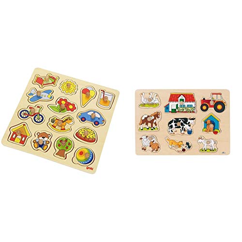 Goki 57576 - Steckpuzzle - Schaukelpferd, Ball & 57908 Steckpuzzle Bauernhof I