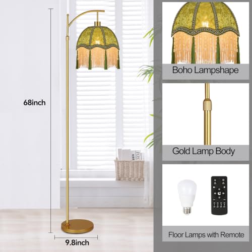 Image of Vintage Floor Lamps for Living Room Boho Rustic Floor Lamp with Remote Control & 3 Color Temperature,Dimmable Gold Floor Lamp Mid Century Modern Standing Lamp Fringe Green Tall Floor Lamp For Bedroom