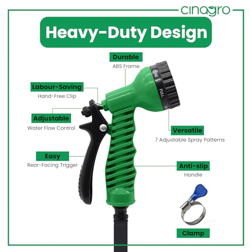 Image of Cinagro 7 Mode High Pressure Water Spray Gun with 1 Clamp, Green | 360Degree Adjustable Valve Multi-Pattern Spray For Garden Watering, Washing