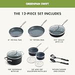 GreenPan Swift Healthy Céramique antiadhésif, 12 Ensemble de casseroles et d'articles de cuisine en pièces, poignées en acier inoxydable, sans PFAS, lave-vaisselle sans danger, sans four, gris