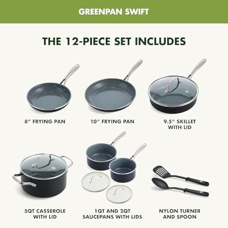 GreenPan 12 Piece Nonstick Swift Cookware Set, Ceramic PFAS-Free Pots & Pans with Lids, Dishwasher & Oven/Broiler Safe to 600F, Kitchen Cooking Set, Sauce, Saute, Stock, Frying Pans, Gray