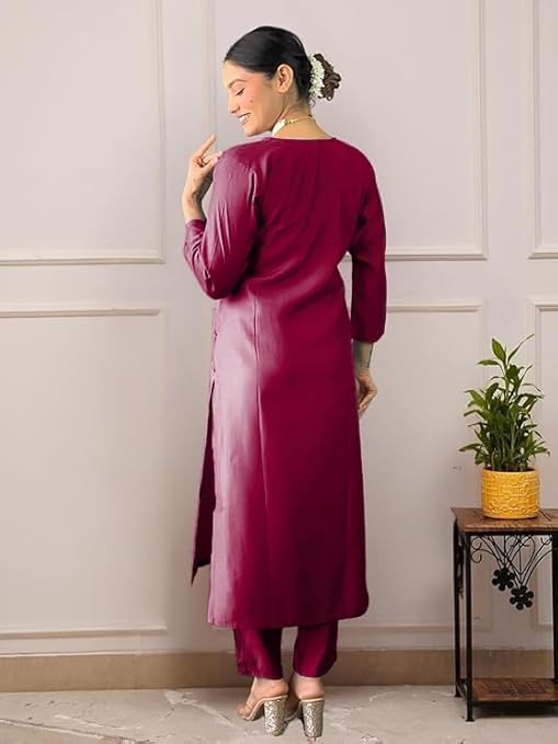 Women's Embroidery Art Silk Straight Kurta Set with Dupatta