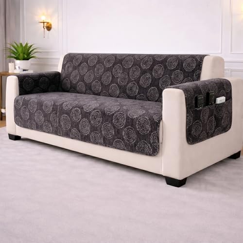 Image of STITCHNEST 'Opulence Series' Floral Woven Sofa Cover for 1 Seater | Premium Soft Fabric Sofa Protector | Black Circular Pattern with Tassel Edge Finish | Durable Living Room Furniture Cover