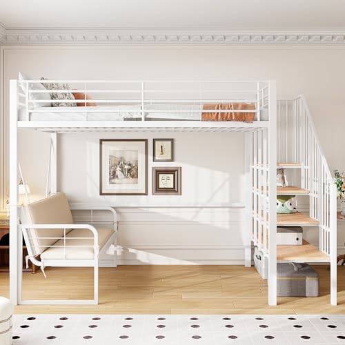 MAMAINI Litera (140 x 200) con estructura de metal, sofá acolchado extraíble, espacio de almacenamiento, escalera de seguridad, para niños, adolescentes, adultos, color blanco.