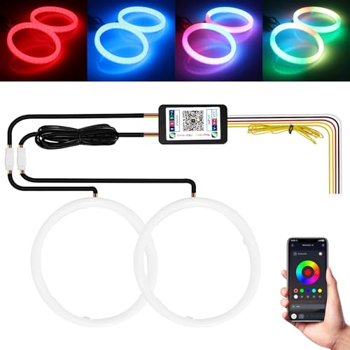 Qasim Angel Eyes Halo Rings luzes de algodão 12 V 80 mm RGB LED universal para carro, scooter, motocicleta, DRL, com função de seta, controle Bluetooth, multicolorido, pacote com 2