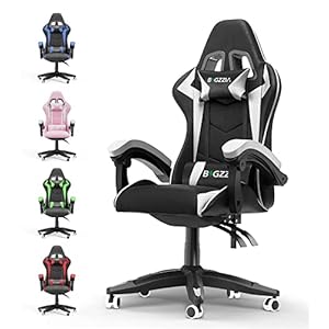 bigzzia Gaming Stuhl Ergonomisch – Gamer Stühle mit Lendenkissen + Kopfstütze Gaming Chair Höhenverstellbar Bürostuhl Computerstuhl für Erwachsene Mädchen Junge, Schwarz-Weiß