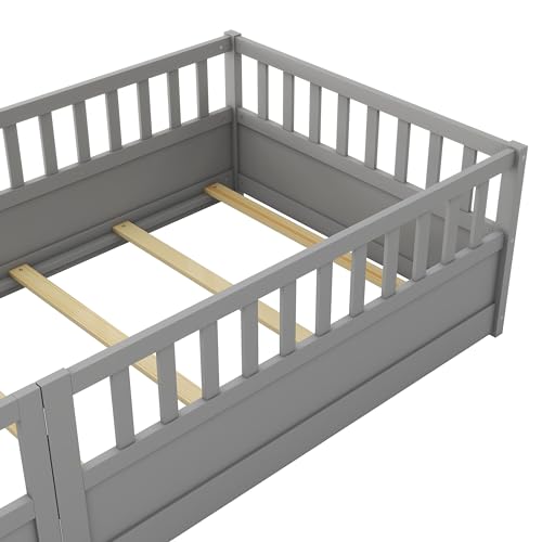 Image of Bellemave Twin Size Kids Montessori Floor Bed with Slats,Solid Wood Floor Bed Frame with High Fence and Door for Kids,Girls,Boys,Twin,Gray