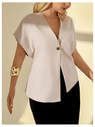 WDIRARA Women's Plus Size V Neck Button Asymmetrical Hem Blouse Short Sleeve Blazer Work Business Jackets3