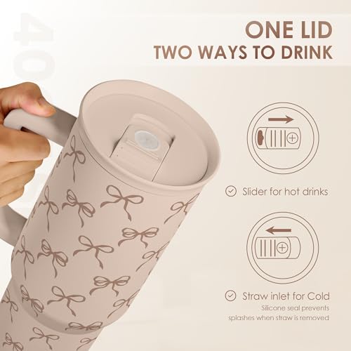 Image of SANDJEST Bow Tumbler with Handle and Straw 40oz - Stainless Sleel Slider Tumbler Travel Coffee Mug for Women - Gift Idea for Birthday Christmas