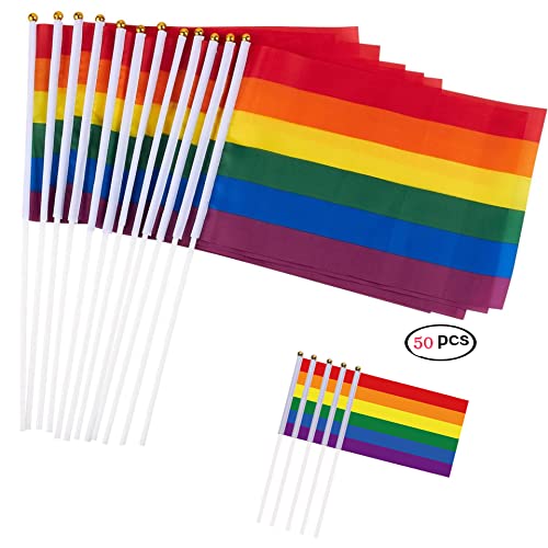 50 piezas Orgullo Gay LGBT Banderas de manivela Banderas del arco iris rayas de colores Festival Carnaval pancartas Desfile Fiesta Celebración Gay Lesbiana Paz Bandera 21,5 x 14 cm Cover