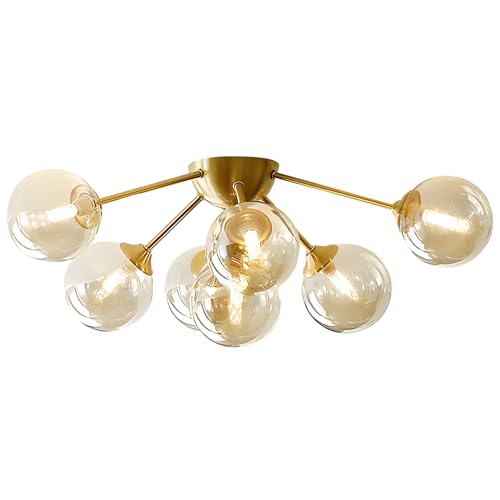 Image of KCO Lighting 7-Lights Mid Century Modern Flush Mount Ceiling Light Overhead Amber Glass Globe Sputnik Chandelier Ceiling Light Fixture Brass Gold Bedroom Living Room Ceiling Lighting