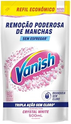 Tira Manchas Líquido Vanish White refil 500ml para Roupas Brancas. Sem Cloro, remove manchas sem danificar os tecidos e deixa o branco até 5 tons mais branco. Confie em Vanish.