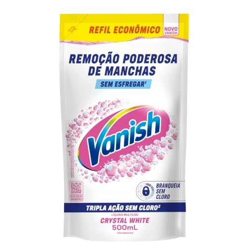 Tira Manchas Líquido Vanish White refil 500ml para Roupas Brancas. Sem Cloro, remove manchas sem danificar os tecidos e deixa o branco até 5 tons mais branco. Confie em Vanish.
