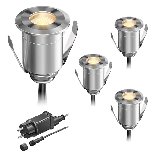 ledscom.de Lámpara LED empotrada en el suelo BINO para exteriores, IP67, 32mm Ø, blanco cálido, juego de 4