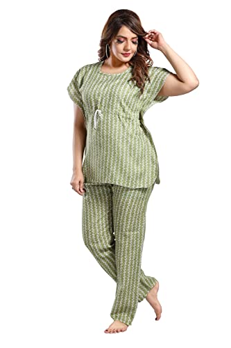 Image of Fabme Women's Cotton Printed Kaftan and Pyjama Set - Green Cream