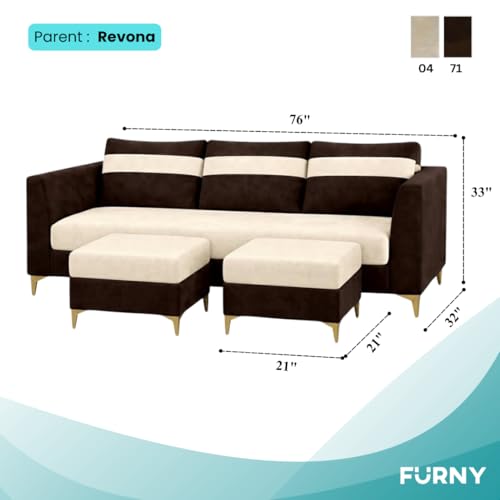 Image of FURNY Nova 5 Seater L Shape Sofa Set with 2 Movable Ottoman | Flexible Left or Right Layout | Plush Velvet Fabric (Dark Brown-Cream) | Perfect for Living Room, Guest Room & Office