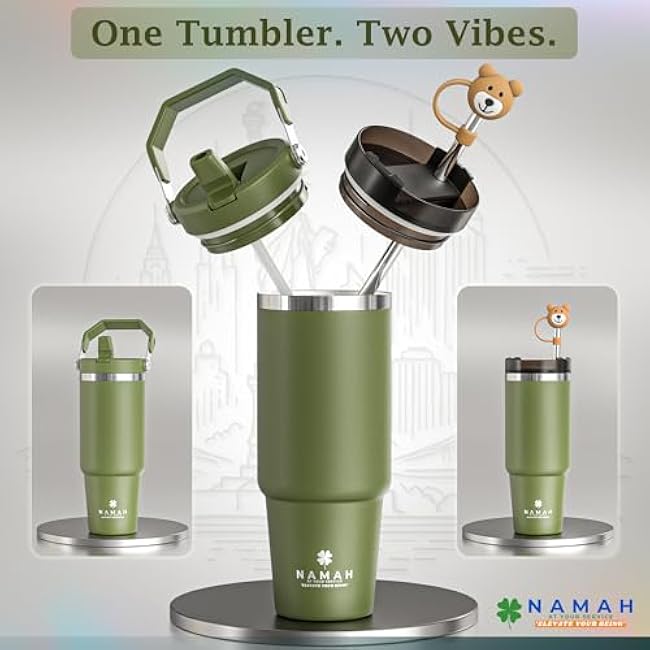 Namah? 30oz Spiritual Tumbler with Handle, Lid & Straw ¨C Stainless Steel Insulated Travel Mug | Leak-Proof Double Wall Cup for Hot & Cold Drinks | Zen Gift for Yoga, Wellness ¨C Forest Olive Green
