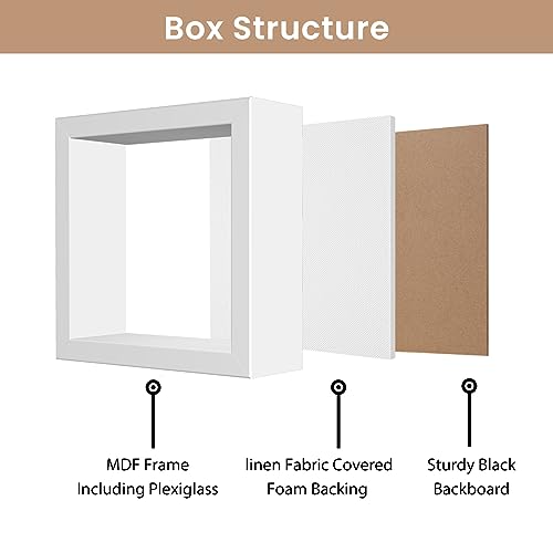 Califortree 5x5 Small Shadow Box Frame with Soft Linen Back - Metal Push Pins Included, Memory Shadow Box Display Case for Bouquet Awards Medals Wedding Photos and More, White